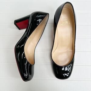 Christian Louboutin Cadrilla Black Patent Leather Block Heel Pumps Red Sole 36.5